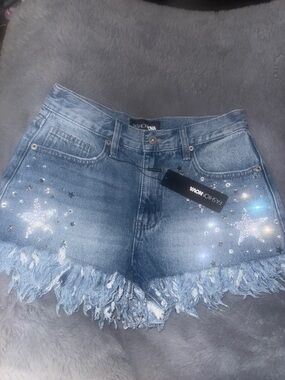 Fashion Nova Light Blue Star Sequin Frayed Denim Shorts